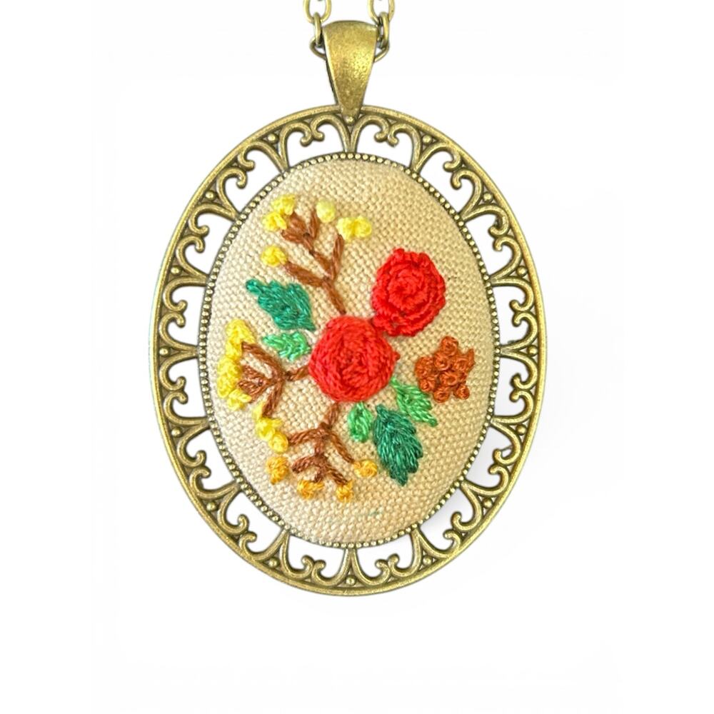 Embroidery Floral Cameo Necklace with Flowers Handmade Jewelry